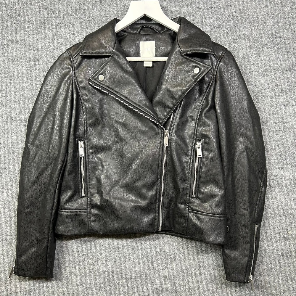 H&M Moto Jacket Women's Black Leather Pockets Full Zip Classic Biker - Small